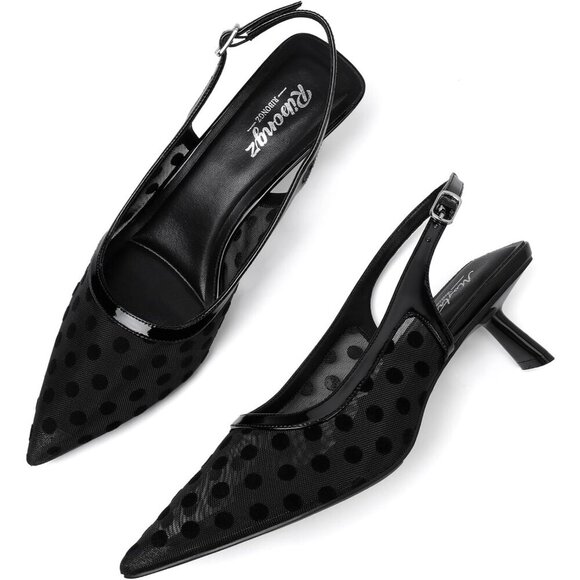Women's Black Polka Pointed Toe Pumps Patent Leather Slingback Heels With Buckle - Picture 9 of 9